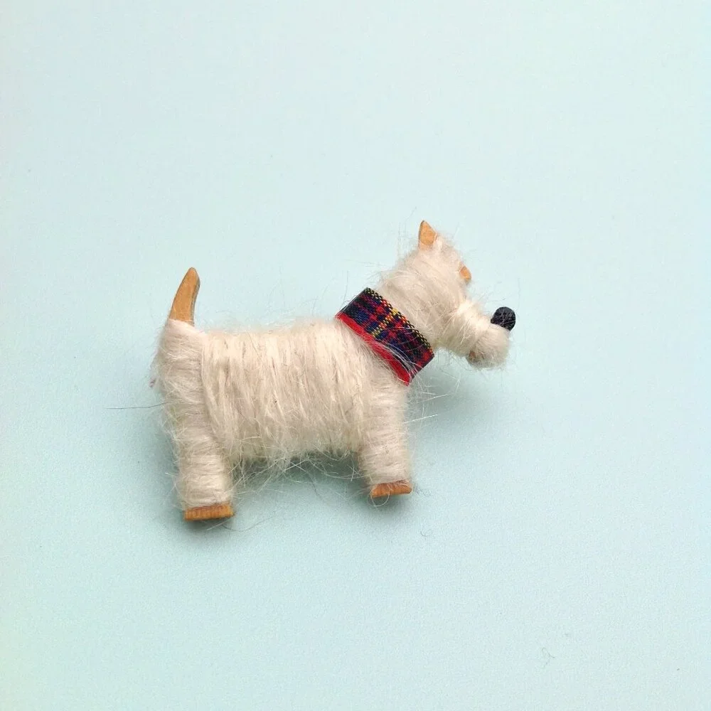 Artisan Brooch Scottish Shetland Wool, Tartan Plaid + Wood Scottie Terrier Dog